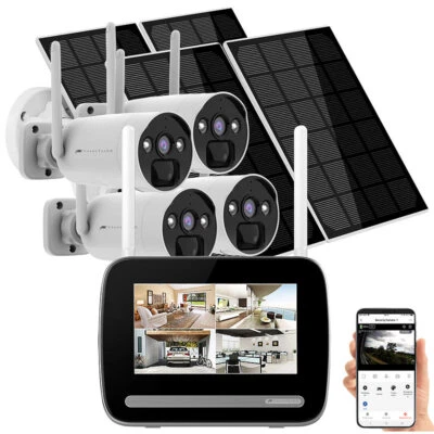 VisorTech Funk-Überwachungs-Set: Monitor-Rekorder + 4x 2K-Solar-Kamera, PIR, App - Bild 1 von 4