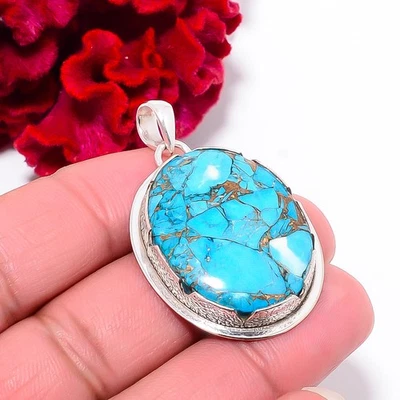 Colgante de plata de ley 925 con piedras preciosas turquesa azul cobre 1,76" P102029 Foto 1 de 4