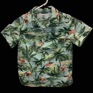 Old Navy Toddler Boys Sz 4T Green Hawaiian Camp Floral Flamingo Short Sleeve - Picture 1 of 5