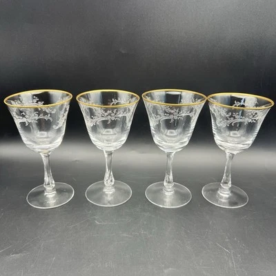 4 Fostoria Golden Lace Wine Glasses with Gold Trim 5” 146877 - Image 1 of 4