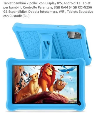 Tablet Bambini 7 Pollici Display Android 13 Controllo Parentale 8 Gb 64 Gb Rom  - Immagine 1 di 4
