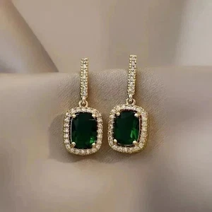 3Ct Cushion Cut Lab Created Green Emerald Dangle Earrings 14K Yellow Gold Plated - Picture 1 of 8