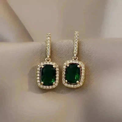 3Ct Cushion Cut Lab Created Green Emerald Dangle Earrings 14K Yellow Gold Plated - Image 1 of 4