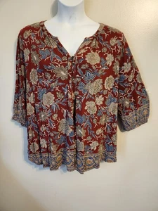 Lucky Brand Red Floral Multicolor Print Bilevel Hem Top Hippie Boho 3X Plus - Picture 1 of 6