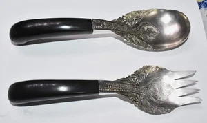 VTG Malaysian Mohd Salleh Coin Silver Serving Fork & Spoon Buffalo Horn Handles - Picture 1 of 10