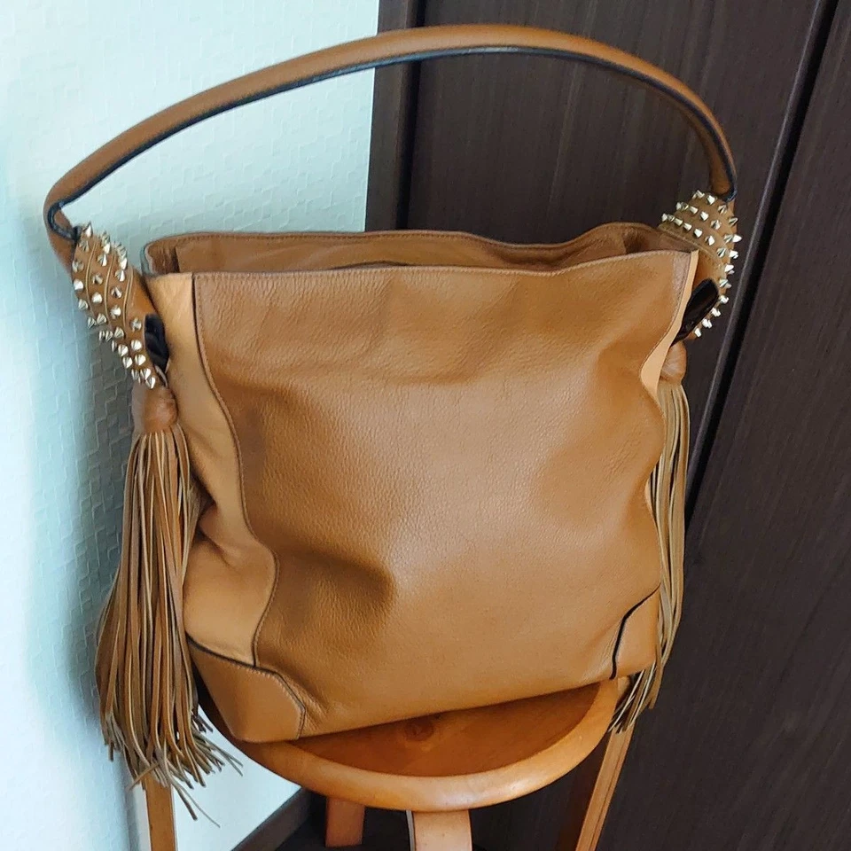 Christian Louboutin Auth Leather Shoulder Bag Tote Handbag Brown Studs Fringe - Image 1 of 4