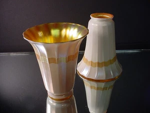 5 1/2" Ht. Rare Pr. Lustre Art Glass Shades Opal & Aurene Band Art Nouveau 1920 - Picture 1 of 9