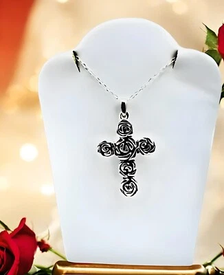 925 Sterling Silver Cross With Roses Pendant, Chain Sold Separately 1267 - Image 1 of 4