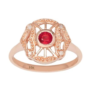 Anello Accento Autentico Rubino Rotondo e Diamante Oro Rosa 10k Stile Vintage - Foto 1 di 5
