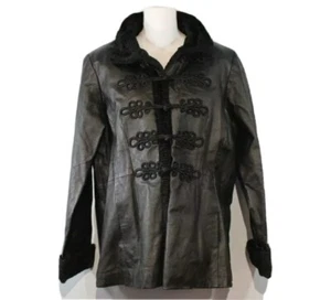 Jessica London Womens Black Leather Jacket Coat Faux Fur Mandarin Collar 14W VTG - Picture 1 of 10