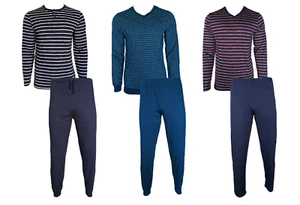 Herren Pyjama 2-Teilig Langarm Navy/Weiß Blau Navy/Rot Baumwolle Gr. M - Picture 1 of 4