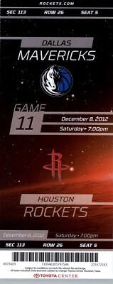 Dallas Mavericks  vs Houston Rockets 12/8/2012 Ticket - James Harden 39 Points - Image 1 of 2