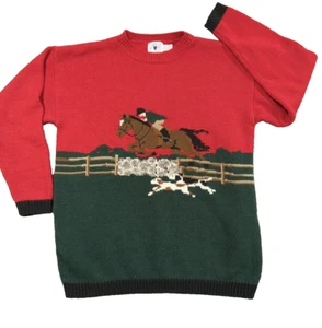 Vintage Hartstrings Size YOUTH XL 14/16 Red Green Polo Horse Dog Fox Sweater - Picture 1 of 6