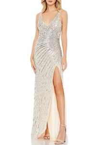 Mac Duggal 5372 Stripe Sequin Gown Sz 2 Nude Silver - Picture 1 of 2