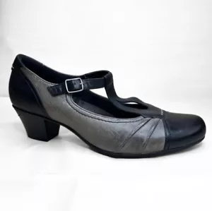 Women 12B Earth Wanderlust Black Gray Leather Mary Jane Shoes Cuban Heel Comfort - Picture 1 of 9