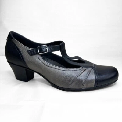 Women 12B Earth Wanderlust Black Gray Leather Mary Jane Shoes Cuban Heel Comfort - Image 1 of 4