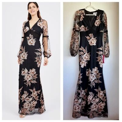 NWT Belle by Badgley Mischka Floral Embroidered Mermaid V-Neck Long Sleeve Gown - Image 1 of 4
