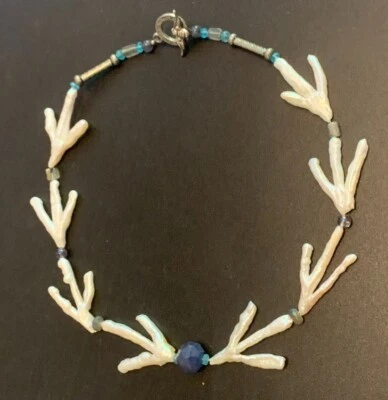 Necklace Pearl & Sapphire Beads Large Baroque Silver Bee Toggle Clasp  17 ins - Image 1 of 4