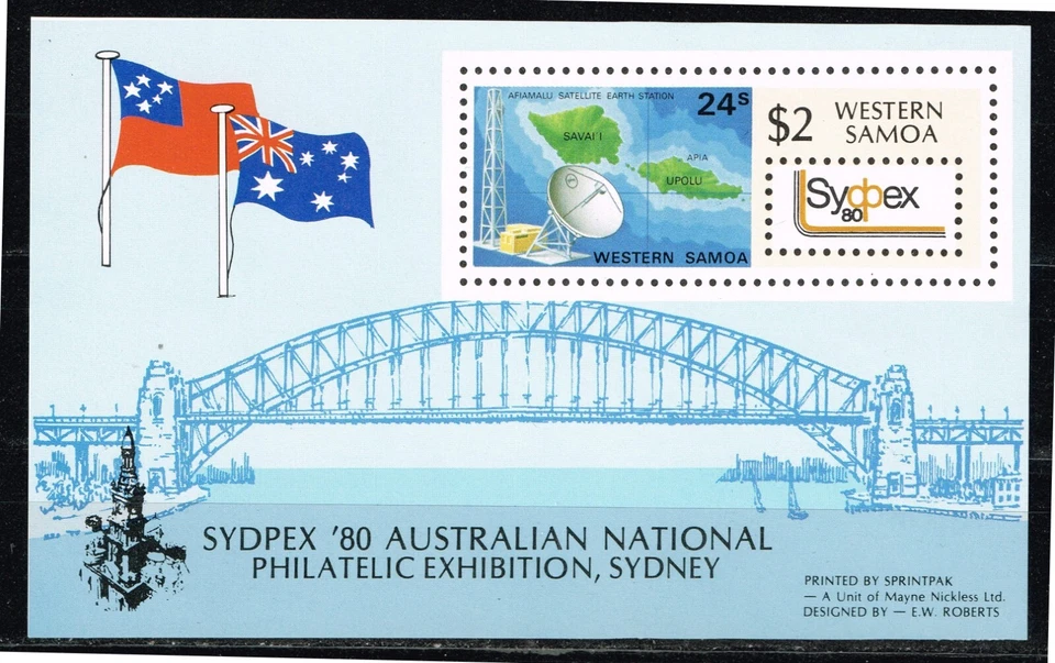 Hoja de recuerdo de banderas de puente mapa de Samoa Occidental 1980 MNH A-5 Foto 1 de 1