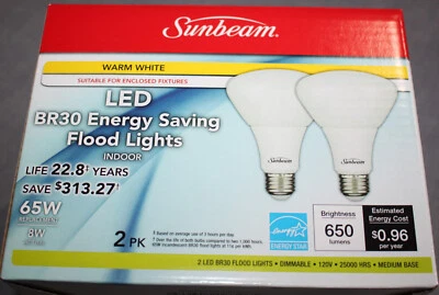 Sunbeam 8 Watt LED BR30 Flood Light Bulbs 3000 K Warm White Dimmable Indoor 65 W - Image 1 of 3