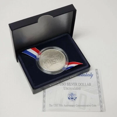 (1) 1991 D US USO 50th Aniv $1 Commemorative MS/UNC Silver Dollar Coin w/Box&COA - Image 1 of 2