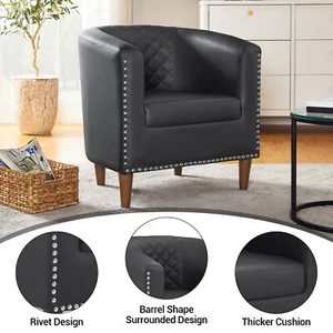 Modern Faux Leather Barrel Accent Sofa Arm Chair Upholstered Living Room Black - Picture 1 of 11