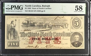 1863 $5 State Of North Carolina Raleigh PMG AU58 Circulated - Picture 1 of 2