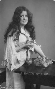 YOUNG WOMAN WITH CHICKS EASTER ROTARY PHOTO POSTCARD c1910 082425 U - Picture 1 of 2