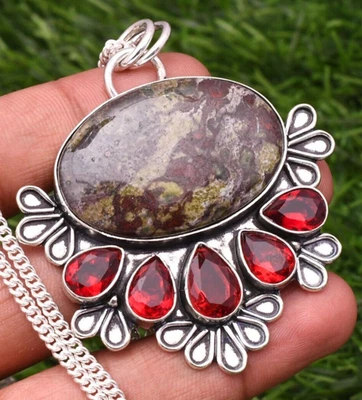 Ciondolo gioiello fatto a mano Drgon Blood Stone in argento sterling 925 2,15" - Immagine 1 di 4