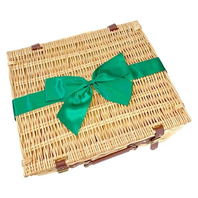 Empty Natural Wicker Hamper Baskets with Lids & Green Satin Bow - Image 1 of 2