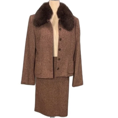 Conjunto de falda vintage Kenar mezcla de lana marrón con cuello de piel de zorro talla 14 Foto 1 de 4