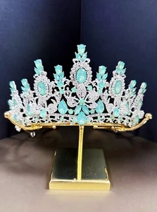 Silver Crystal Tiara, Bridal Flower Tiara, Lime Gemstone Tiara, Wedding Headband - Picture 1 of 8