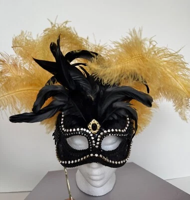 Venetian Mask, Black and Gold Feathers, Masquerade Ball, Party, Fancy Dress - Image 1 of 3