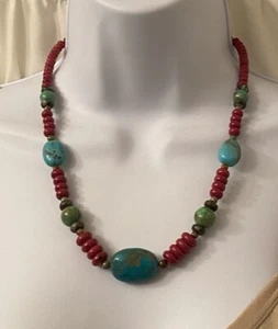 Jay King Signed DTR Turquoise Coral Stone Sterling Silver Beaded Necklace - Picture 1 of 24