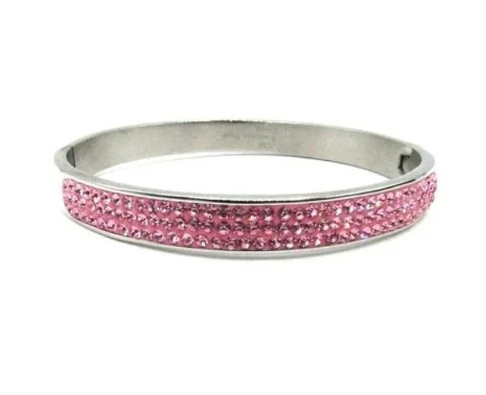 FIRMADO JCM Acero Inoxidable Cristal Rosa Brazalete Bisagra Tono Plata Pulsera Foto 1 de 4