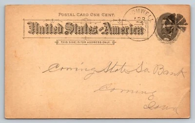 1891 UX10 Postal Card NICE FANCY Cork Cancel CORNING State Savings Bank Iowa - Image 1 of 3