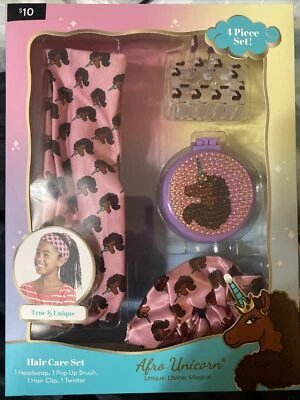 Juego de cuidado del cabello afro unicornio con envoltura para la cabeza, cepillo, pinza para el cabello y twister Foto 1 de 3