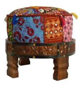 Home Decorative Khambadi Ottoman Embroidery Patchwork Round Foot Stool Pouf - Picture 1 of 12