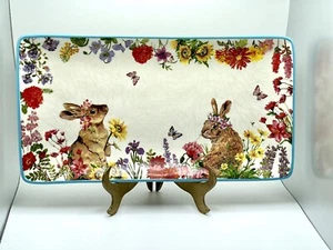 Magenta Spring Floral Bunnies Crazed Style Colorful Rectangle Easter Tray - Picture 1 of 7