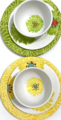 Laurie Gates Colorful Floral Melamine Plates Bowls Set of 2 Dinner Lunch Soup - Image 1 of 4