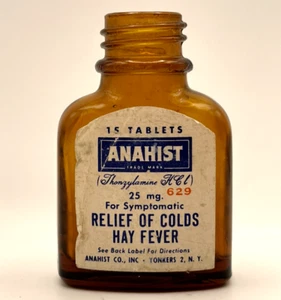 Vintage Anahist Thonzylamin HCL Medizinflasche 15 Tabletten Bernstein kein Deckel leer - Bild 1 von 6