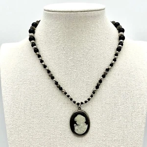 Cameo Necklace Beaded Black Silver Tone Pendant Costume Jewelry Vintage - Picture 1 of 5
