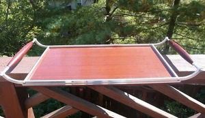 Vtg. Art Deco Formica Mahogany Grain Aluminum Frame W/ Wood Handles Serving Tray - Picture 1 of 12