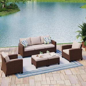 5 Pieces Patio Conversation Set for 7, Rattan Wicker Outdoor Patio Furniture Set - Picture 1 of 9