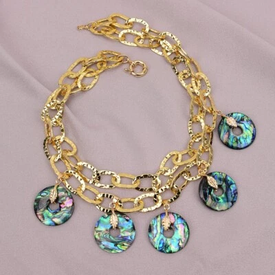 2 Rows 18'' Bezel Set Necklace Natural Big Green Paua Abalone Shell Pendant - image 1 of 4