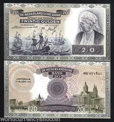 NETHERLANDS 20 GULDEN P-54 1941 EURO SHIP UNC RARE DUTCH MONEY BILL BANK NOTE - Image 1 of 4