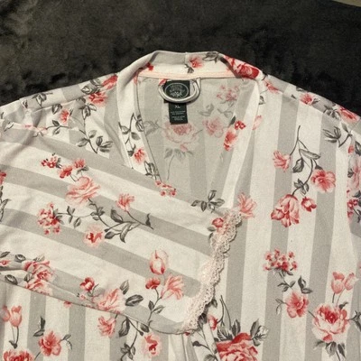 Laura Ashley Robe Sz XL Gray Ivory Stripes Floral Lace Trim 3/4 Sleeves Feminine - Image 1 of 4