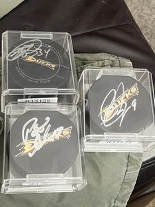 3 Signed Hockey Pucks -Anaheim Ducks NHL OFFICIAL Game Puck +Souvenir Autographs - Picture 1 of 6