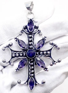 925 Sterling Silver Purple Amethyst Gemstone jewelry Handmade Cross Pendant - Picture 1 of 2