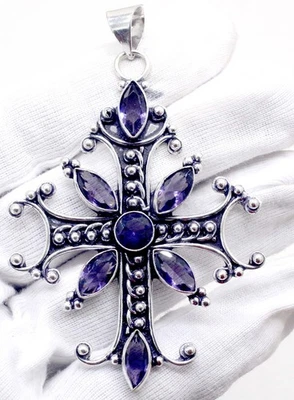 925 Sterling Silver Purple Amethyst Gemstone jewelry Handmade Cross Pendant - Image 1 of 2